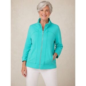 Chico's Weekends Jayme Jacket Women 0/Small Teal Blue Zip Up 3/4 Sleeve